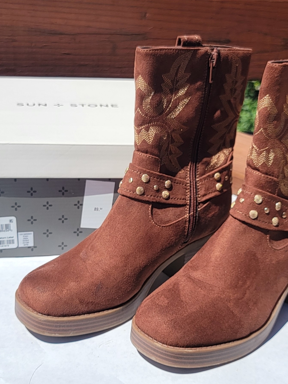 Sun + Stone Rust Brown Suede Studded Western Mid-Calf Boots - Picture 2 of 10